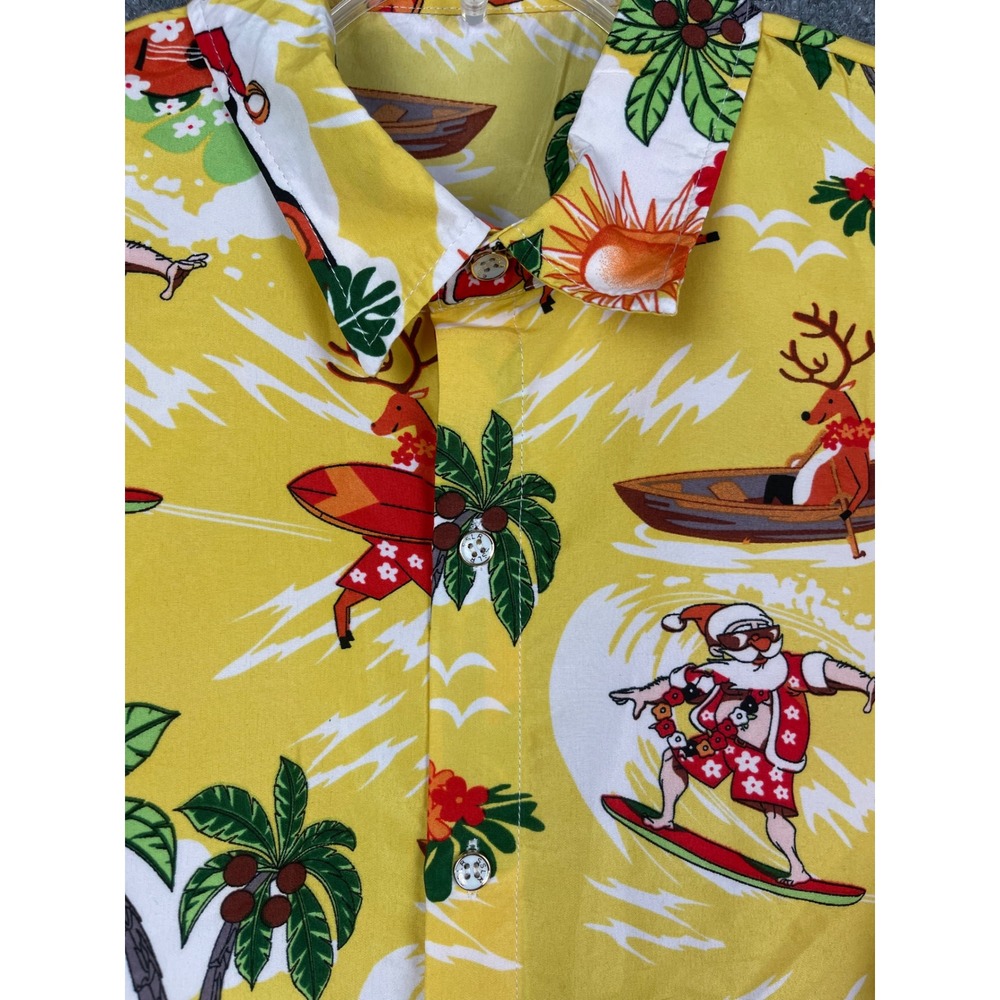 SSLR Christmas Hawaiian Shirt Mens Small Yellow Excellent Surfing Santa Reindeer - Picture 5 of 13